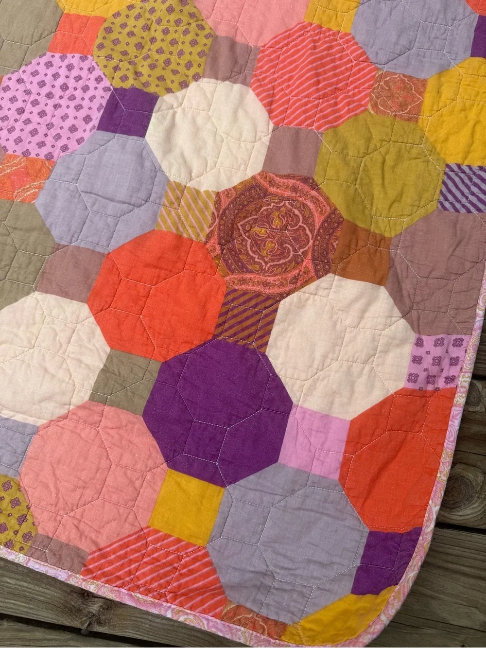 Handmade 86x88 Granny Octogonal Patterned Crazy Quilt W Paisley Backing